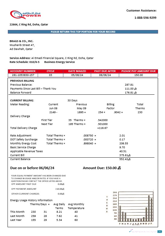 Qatar Power Company electricity business utility bill template in Word and PDF formats